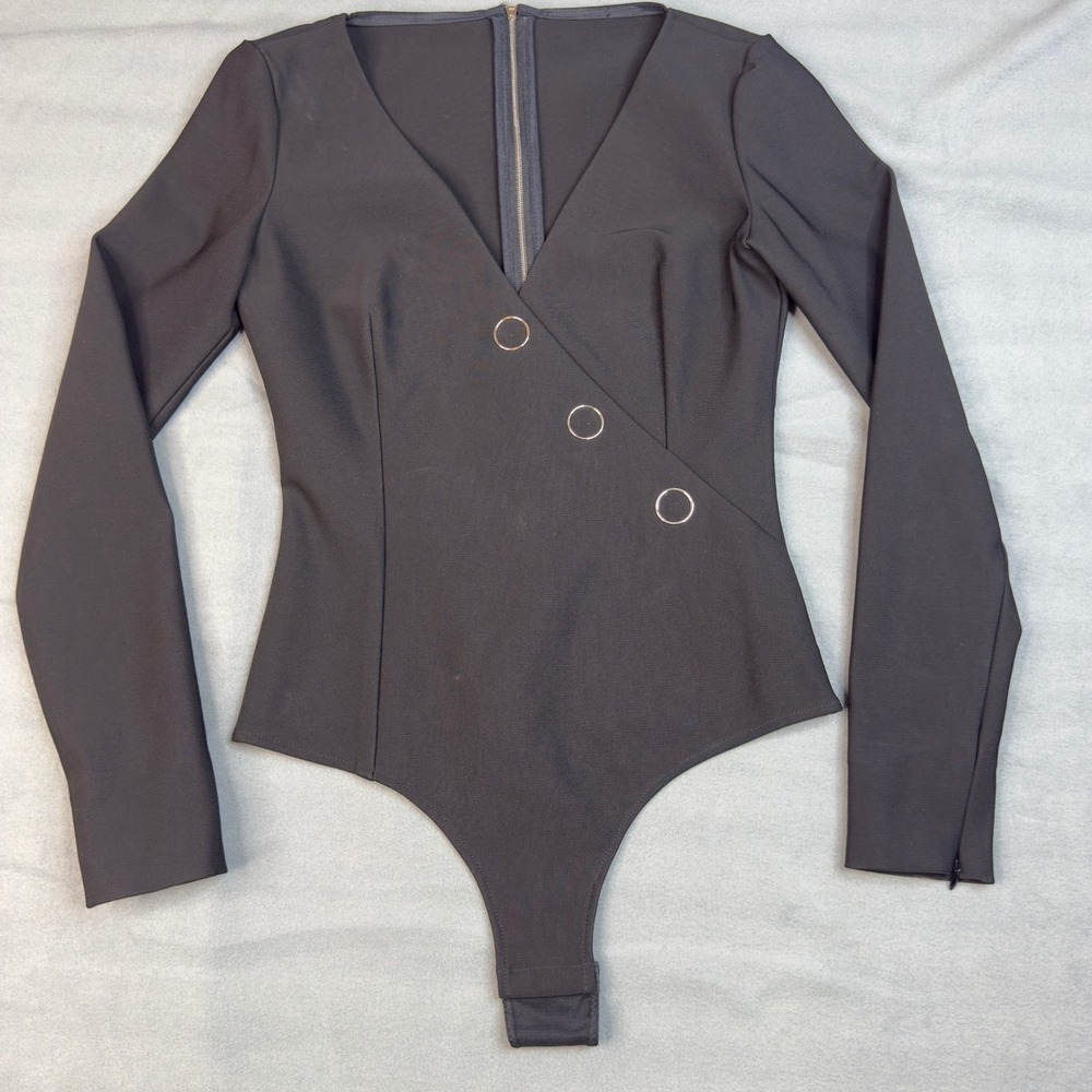 MISBHV Black V-Neck‎ Long Sleeve Bodysuit Asymmetric Ring Detail Back Zip Small